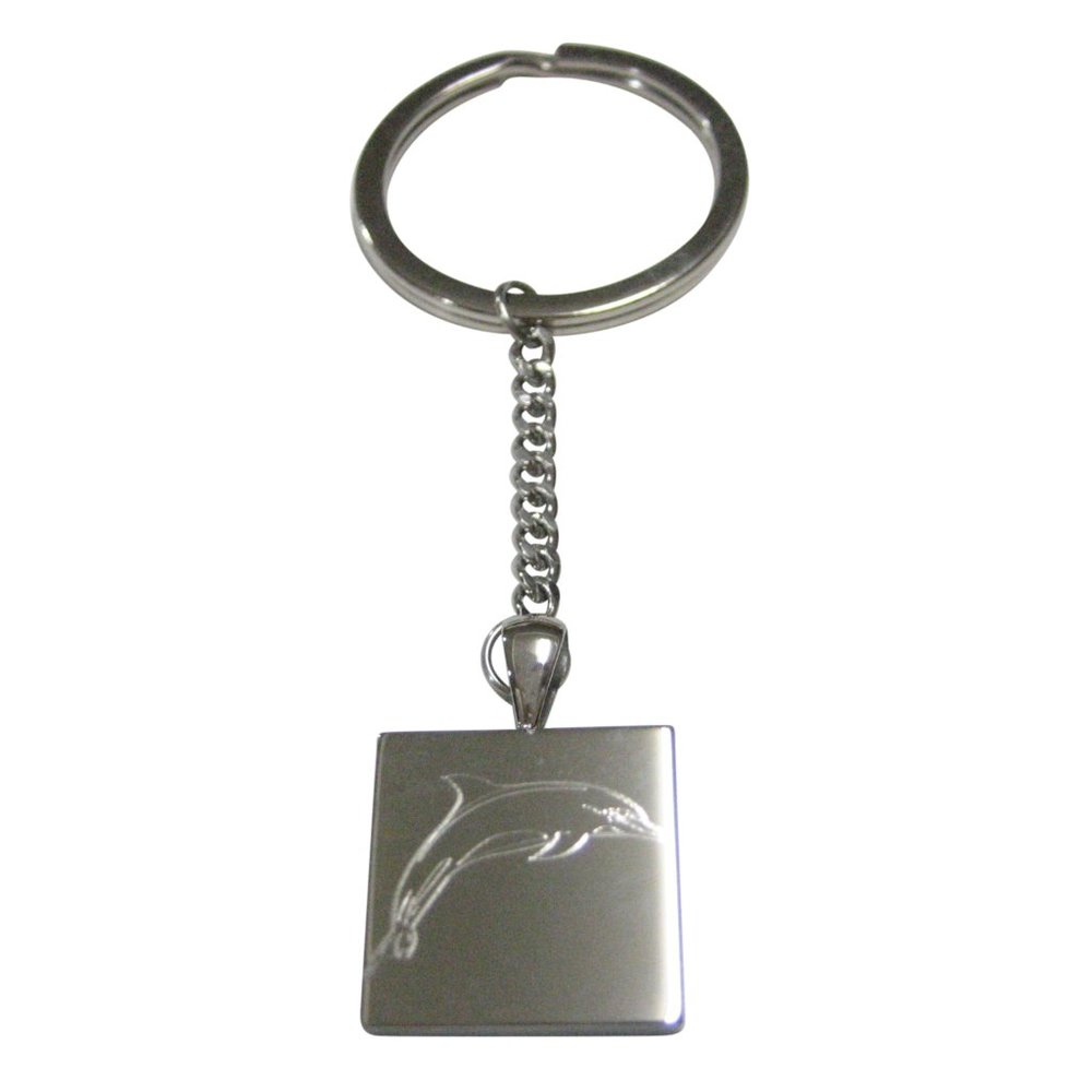 Silver Toned Square Etched Dolphin Pendant Keychain